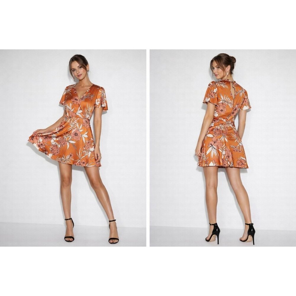 EXPRESS Floral Orange Mini Dress Petite 00 Flutter Sleeve Summer Boho Chic Sexy